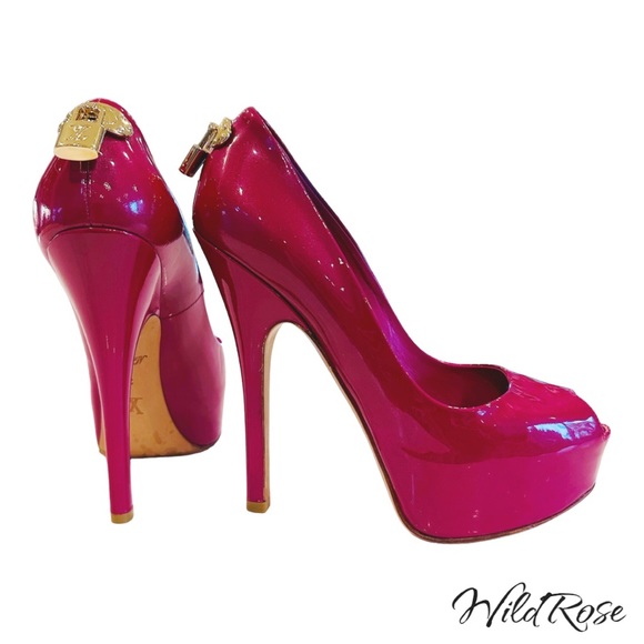 LOUIS VUITTON LV Gold Padlock Pink Patent “Oh Really” Platform Peep Toe Pumps 36 - Picture 3 of 16